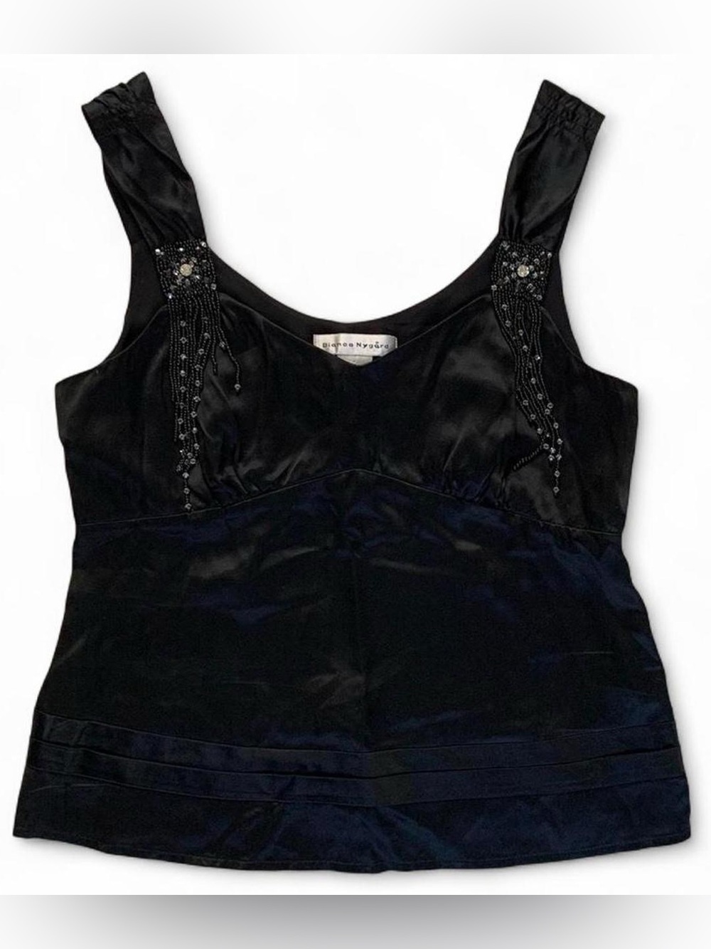 Bianca Nygard Black Satin Tank Top Blouse w Beaded Tassel Embellishments Size 8